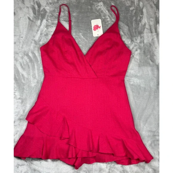 New Latiste by Amy Large Hot Pink V-Neck Romper Linen Blend Adjustable Straps - Picture 5 of 9